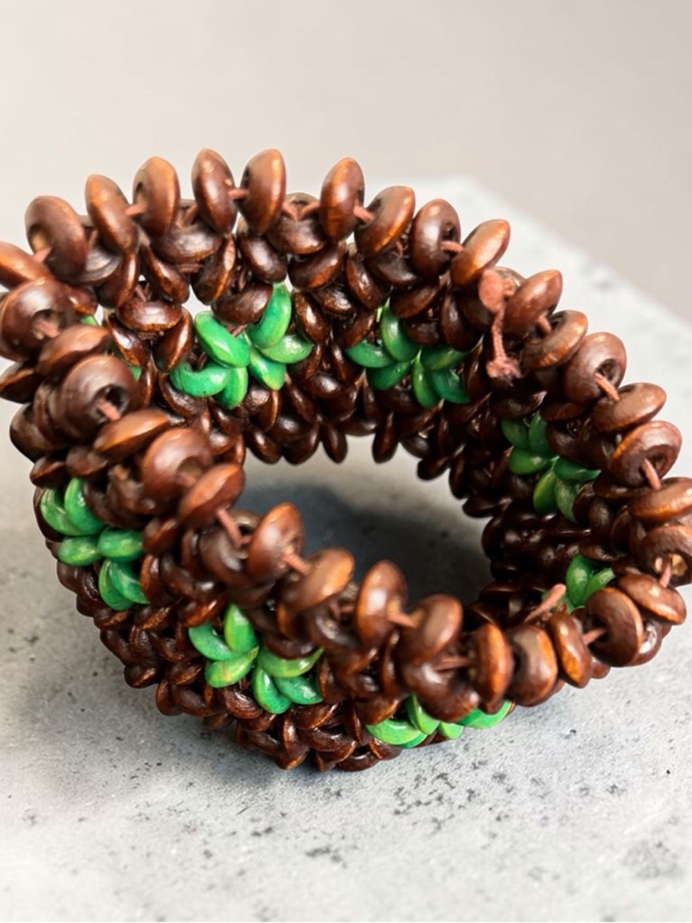 Handmade Beaded Stretch Bracelet - Brown & Green Floral - Picture 2 of 2